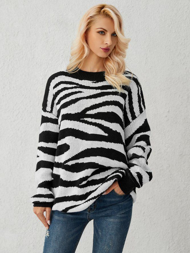 Hvit Zebra Strikket Casual Genser