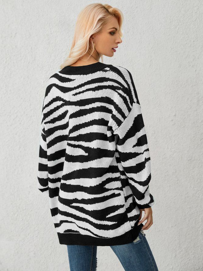 Hvit Zebra Strikket Casual Genser