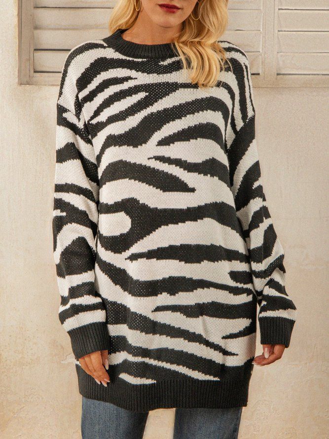 Hvit Zebra Strikket Casual Genser