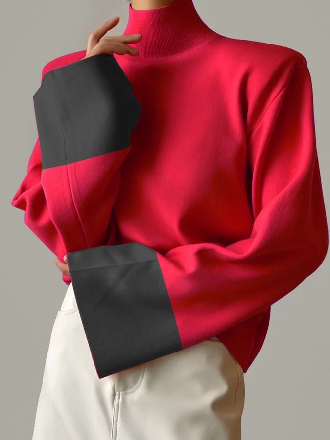 Løs Halv Turtleneck Enkel Color Block Langermet Genser