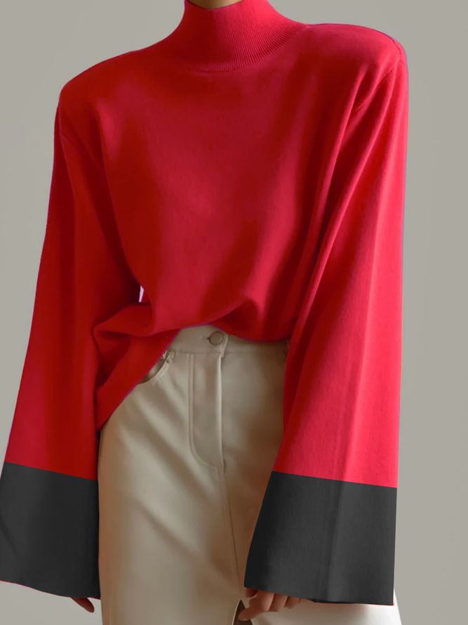 Løs Halv Turtleneck Enkel Color Block Langermet Genser