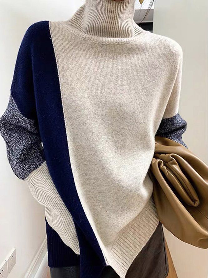 Turtleneck Loose Urban Color Block Genser