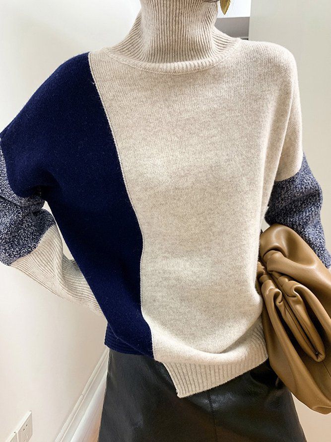 Turtleneck Loose Urban Color Block Genser