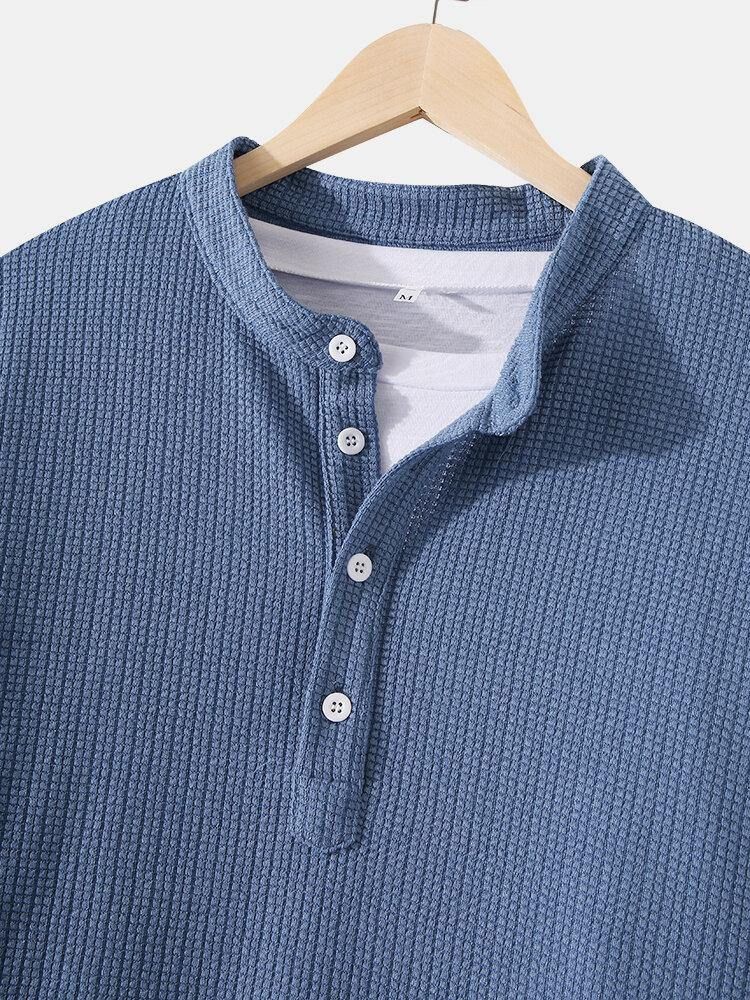 Strikkede Jacquard Langermede Henley-Skjorter Med Solid Tekstur For Menn