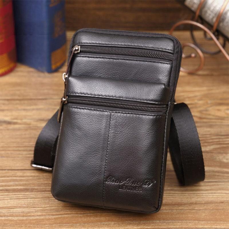 Herre Ekte Skinn Mini Multifunksjonell Messenger 7-Tommers Telefonveske Midjeveske Crossbody-Veske