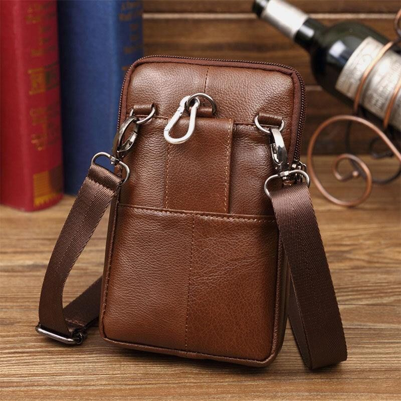 Herre Ekte Skinn Mini Multifunksjonell Messenger 7-Tommers Telefonveske Midjeveske Crossbody-Veske