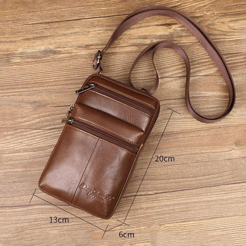 Herre Ekte Skinn Mini Multifunksjonell Messenger 7-Tommers Telefonveske Midjeveske Crossbody-Veske