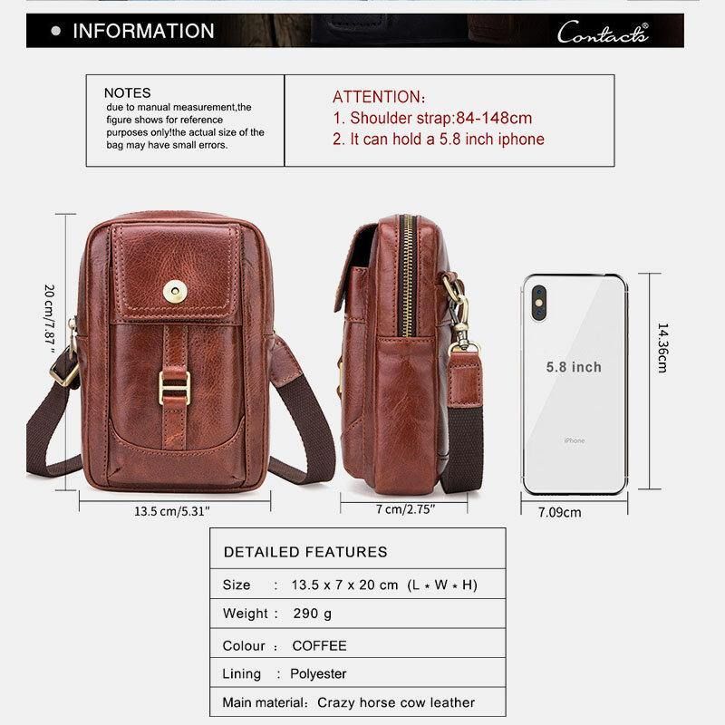 Menn Ekte Skinn Retro Mote 5.8 Tommers Telefonveske Multi-Bære Crossbody Bag Midjeveske