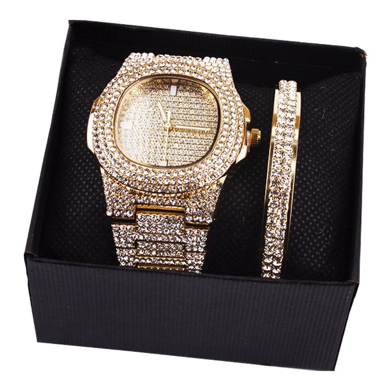 2 Stk Sett Luksus Mote Dame Armbåndsur Sett Bling Innlagt Rhinestone Kvarts Klokke Smykker Gave