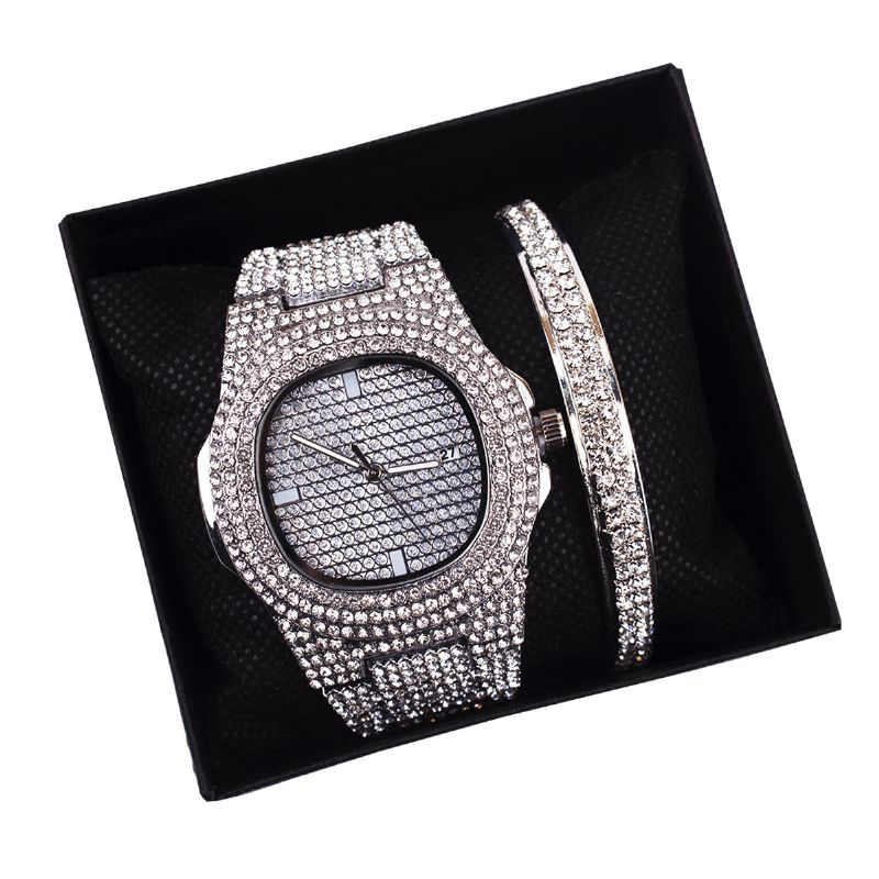 2 Stk Sett Luksus Mote Dame Armbåndsur Sett Bling Innlagt Rhinestone Kvarts Klokke Smykker Gave