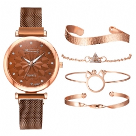 5 Stk Kombinasjon Dame Armbånd Watch Set Flower Dial Mesh Steel Band Kvartsklokke