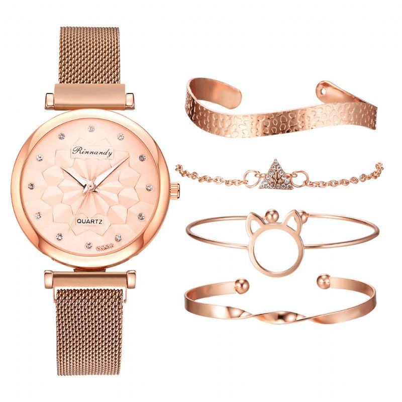 5 Stk Kombinasjon Dame Armbånd Watch Set Flower Dial Mesh Steel Band Kvartsklokke