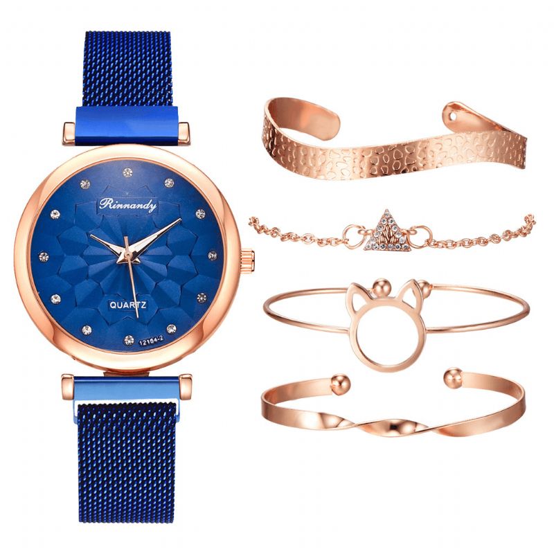 5 Stk Kombinasjon Dame Armbånd Watch Set Flower Dial Mesh Steel Band Kvartsklokke