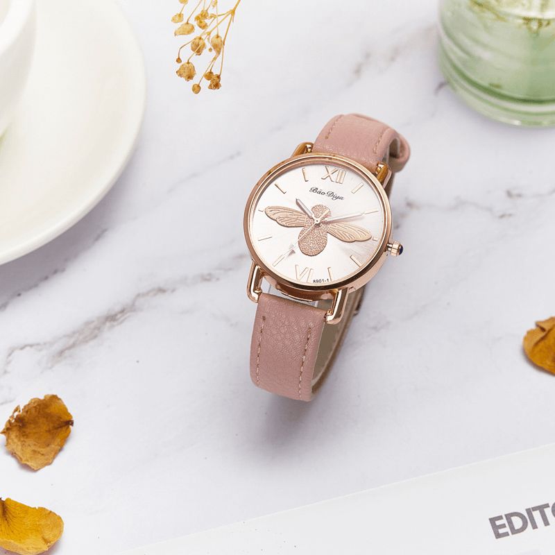 A0554 Mote Søte Dameklokker Rose Gold Case Leather Band Romertall Bee Quartz Klokker