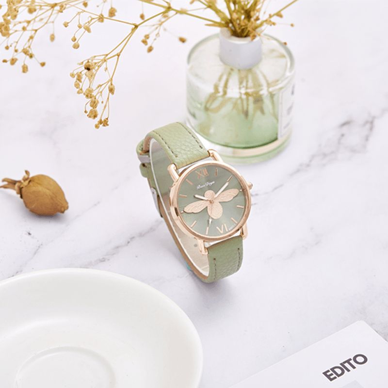 A0554 Mote Søte Dameklokker Rose Gold Case Leather Band Romertall Bee Quartz Klokker