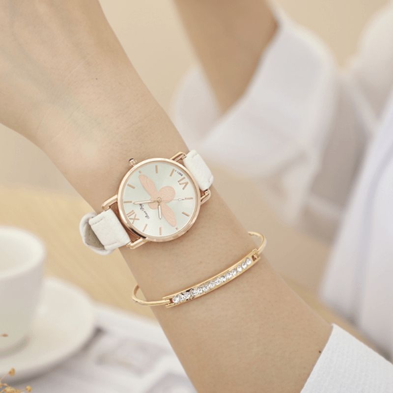 A0554 Mote Søte Dameklokker Rose Gold Case Leather Band Romertall Bee Quartz Klokker