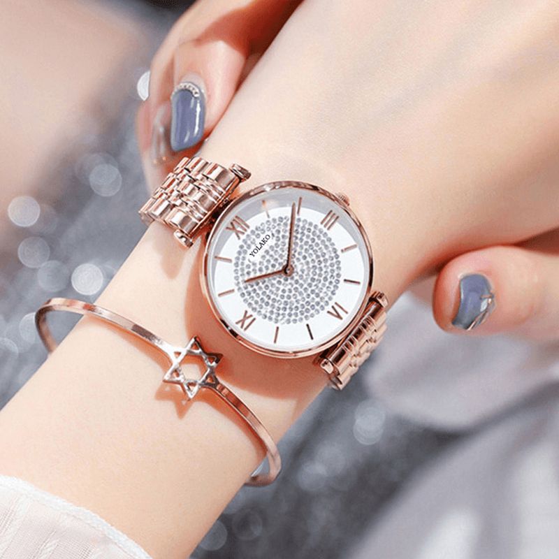 A0566 Trendy Elegant Dameklokker Hellegering Romertall Rhinestones Mount Dial Quartz Klokker