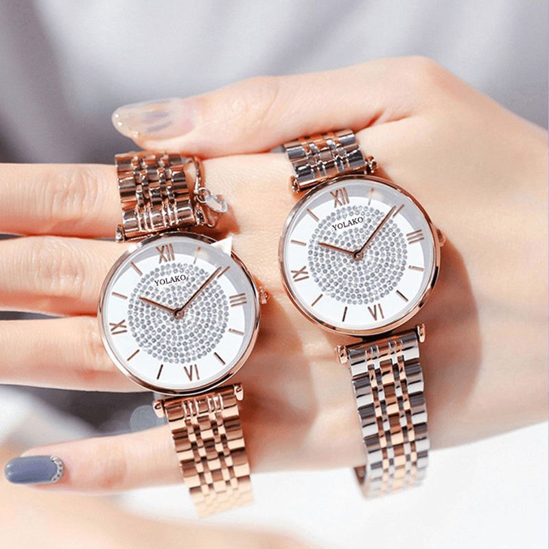 A0566 Trendy Elegant Dameklokker Hellegering Romertall Rhinestones Mount Dial Quartz Klokker