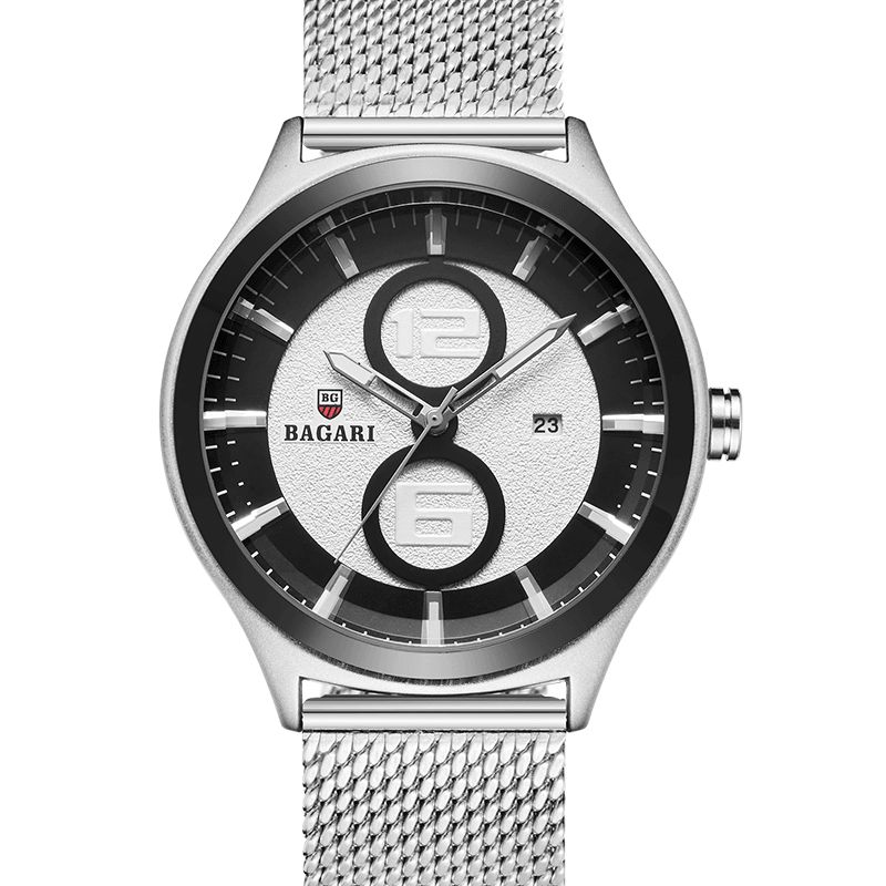 Bagari 8012W Ultrathin Business Style Herreklokke Mesh Steel Band Kvartsklokke