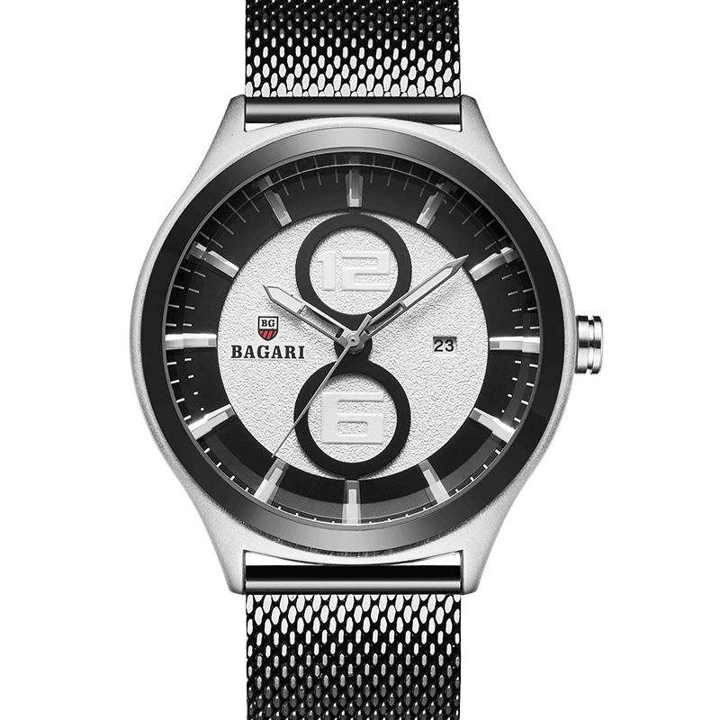 Bagari 8012W Ultrathin Business Style Herreklokke Mesh Steel Band Kvartsklokke