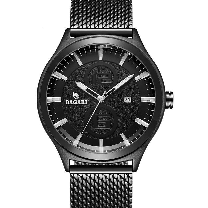 Bagari 8012W Ultrathin Business Style Herreklokke Mesh Steel Band Kvartsklokke