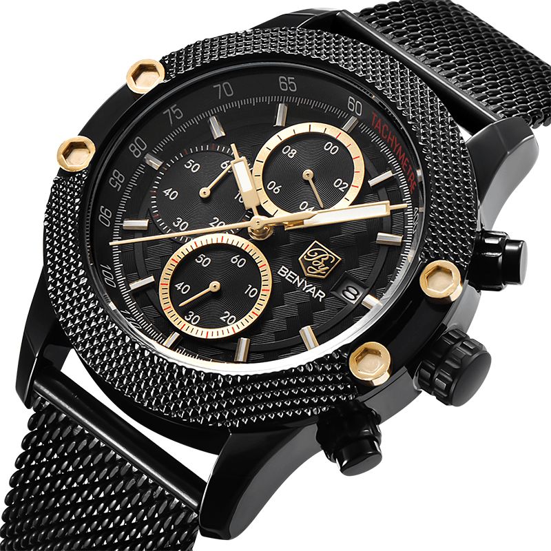 Benyar 5109M Mote Herreklokke Chronograph 3Atm Vanntett Rustfritt Stålreim Kvartsklokke