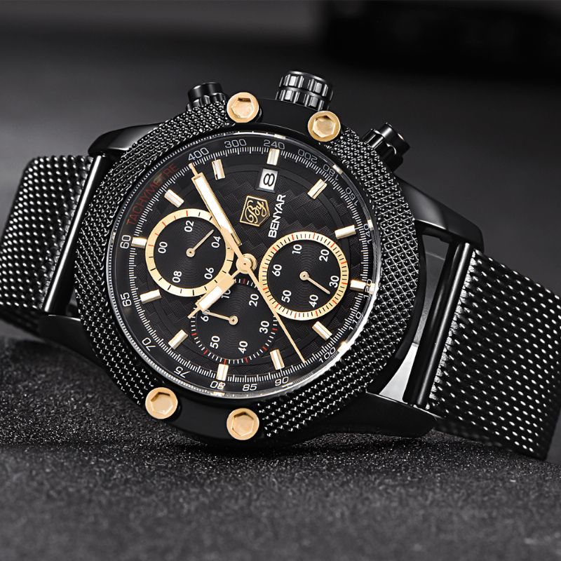 Benyar 5109M Mote Herreklokke Chronograph 3Atm Vanntett Rustfritt Stålreim Kvartsklokke