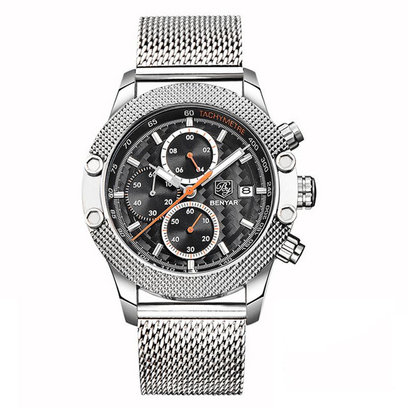 Benyar 5109M Mote Herreklokke Chronograph 3Atm Vanntett Rustfritt Stålreim Kvartsklokke