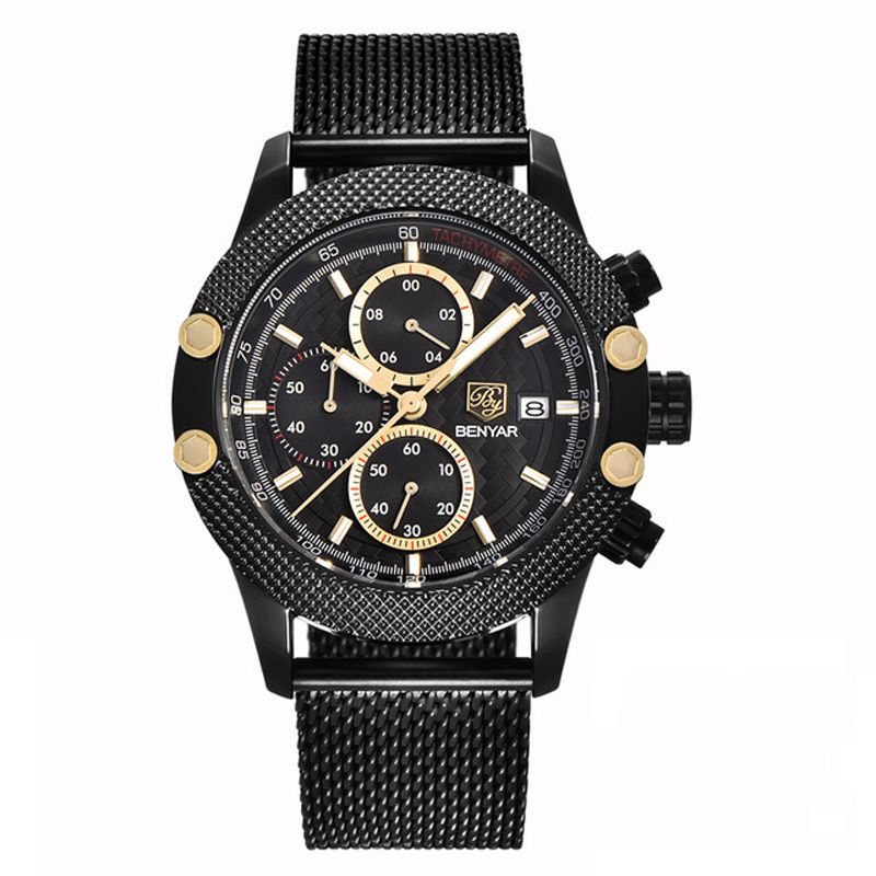 Benyar 5109M Mote Herreklokke Chronograph 3Atm Vanntett Rustfritt Stålreim Kvartsklokke