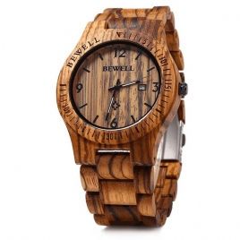 Bewell Zs-W086B Menn Natural Wooden Auto Calendar Display Fashion Quartz Armbåndsur