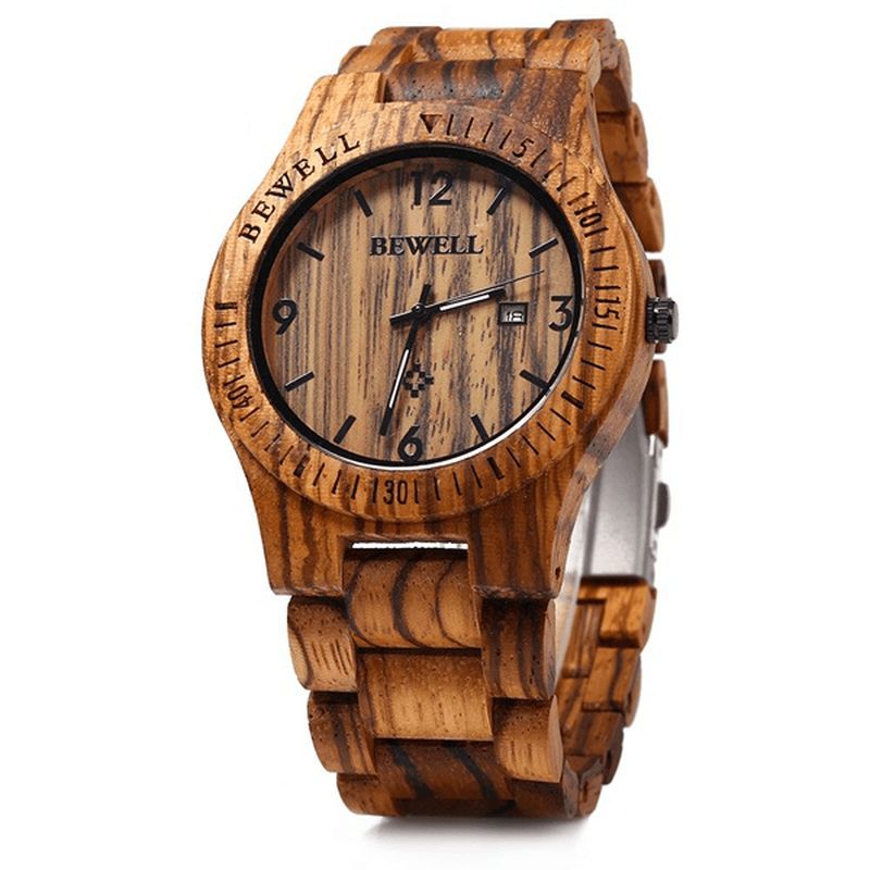 Bewell Zs-W086B Menn Natural Wooden Auto Calendar Display Fashion Quartz Armbåndsur