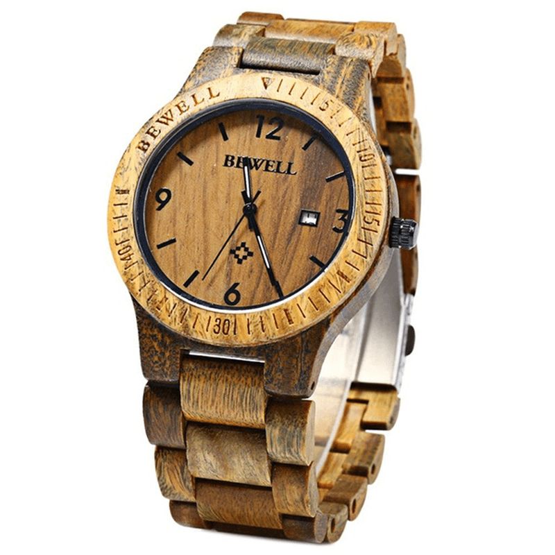 Bewell Zs-W086B Menn Natural Wooden Auto Calendar Display Fashion Quartz Armbåndsur