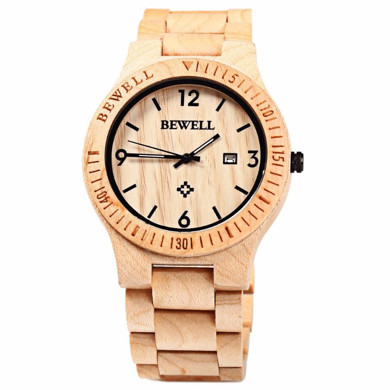 Bewell Zs-W086B Menn Natural Wooden Auto Calendar Display Fashion Quartz Armbåndsur