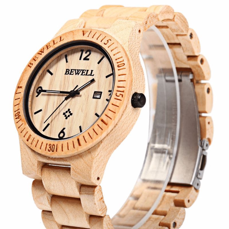 Bewell Zs-W086B Menn Natural Wooden Auto Calendar Display Fashion Quartz Armbåndsur