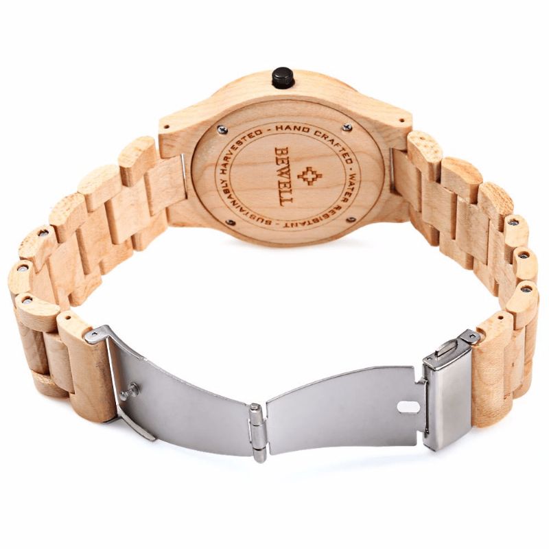 Bewell Zs-W086B Menn Natural Wooden Auto Calendar Display Fashion Quartz Armbåndsur