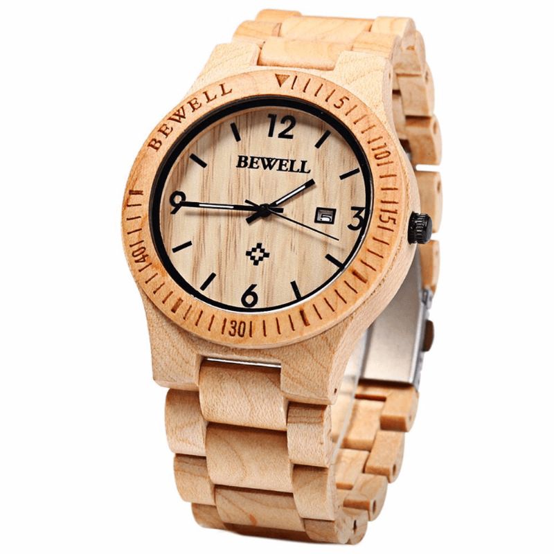 Bewell Zs-W086B Menn Natural Wooden Auto Calendar Display Fashion Quartz Armbåndsur