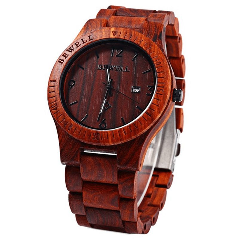 Bewell Zs-W086B Menn Natural Wooden Auto Calendar Display Fashion Quartz Armbåndsur