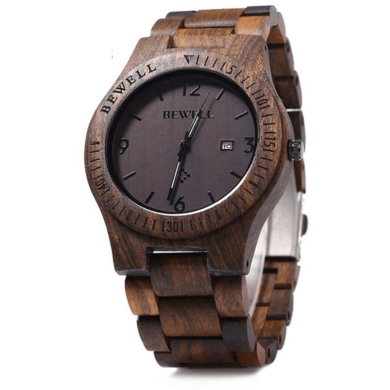 Bewell Zs-W086B Menn Natural Wooden Auto Calendar Display Fashion Quartz Armbåndsur