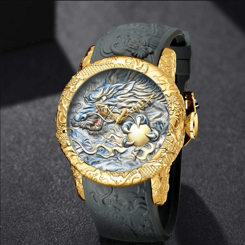 Biden Bd129 Retro Dragon Kinesisk Stil Herrearmbåndsur Vanntett Silikonbånd Kvartsklokke