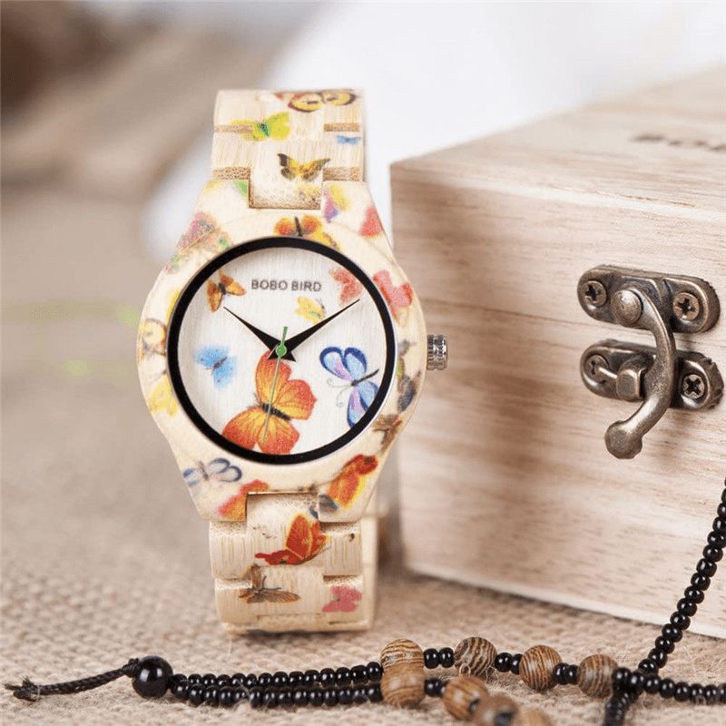 Bobo Bird O20 Fasjonable Bambus Dame Armbåndsur Hardlex Glass Wooden Kvartsklokke