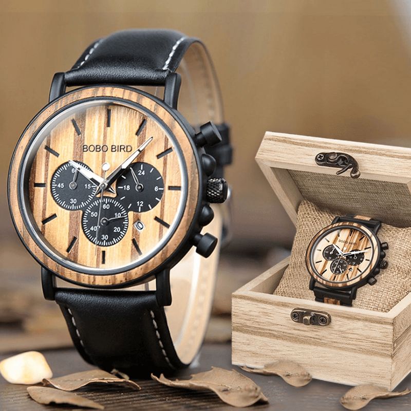 Bobo Bird P09 Menn Casual Wooden Dato Display Armbåndsur Kvartsklokke Med Boks