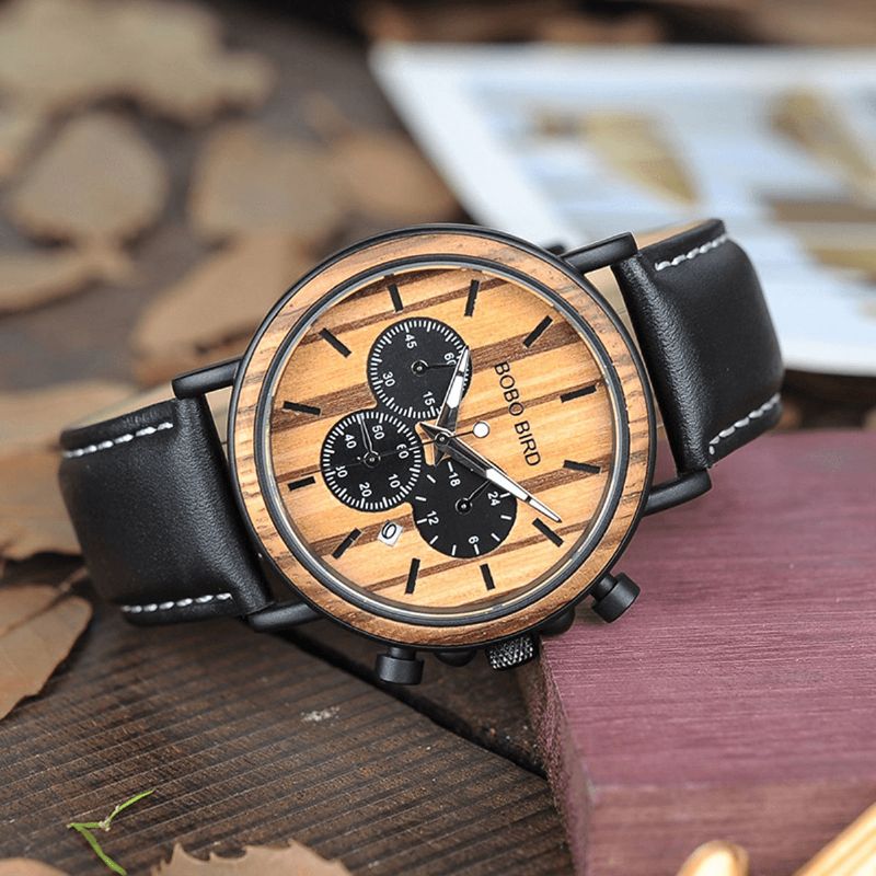 Bobo Bird P09 Menn Casual Wooden Dato Display Armbåndsur Kvartsklokke Med Boks