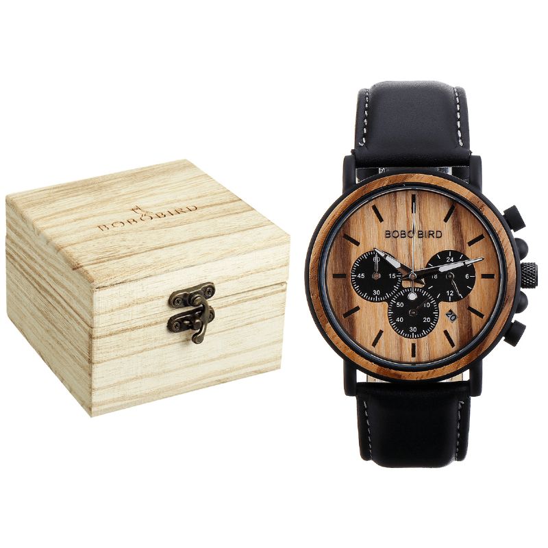 Bobo Bird P09 Menn Casual Wooden Dato Display Armbåndsur Kvartsklokke Med Boks