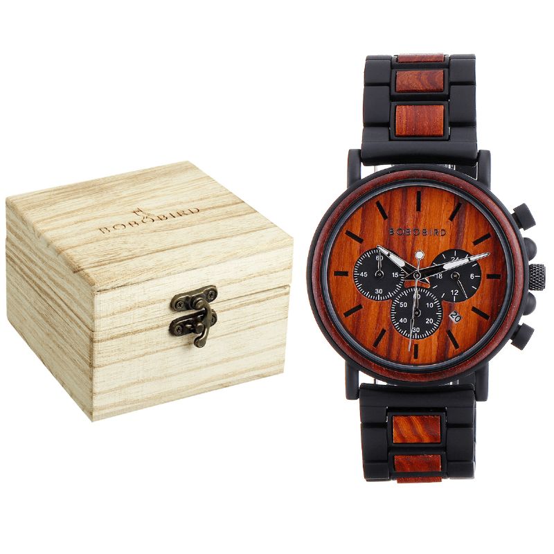 Bobo Bird P09 Menn Casual Wooden Dato Display Armbåndsur Kvartsklokke Med Boks