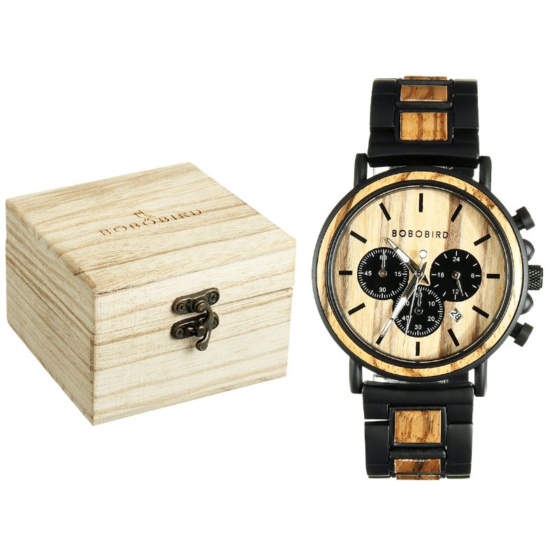 Bobo Bird P09 Menn Casual Wooden Dato Display Armbåndsur Kvartsklokke Med Boks