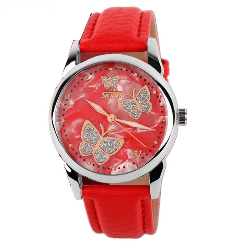 Butterfly Pu Leather Band Life Vanntett Dame Kvarts Armbandsur