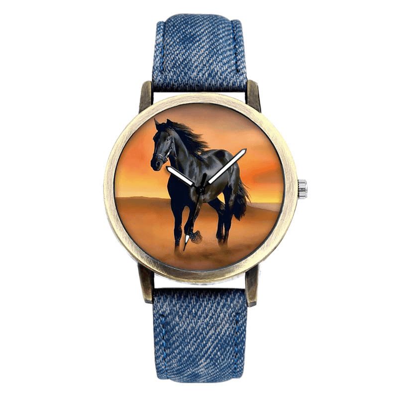 Casual Black Horse Desert Dial All-Match Denim Strap Herre Kvartsklokke Armbåndsur