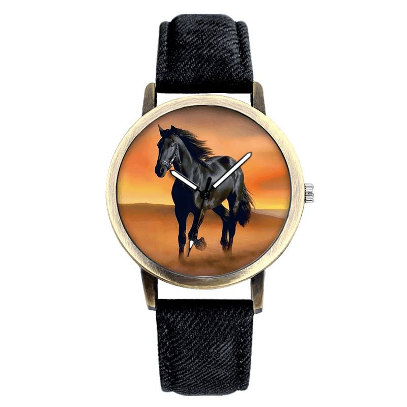 Casual Black Horse Desert Dial All-Match Denim Strap Herre Kvartsklokke Armbåndsur