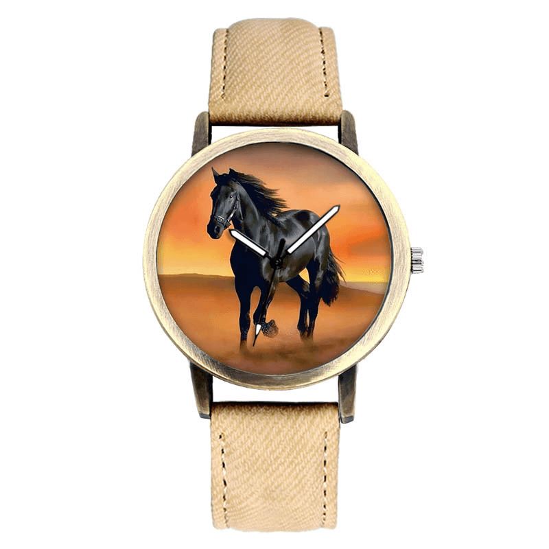 Casual Black Horse Desert Dial All-Match Denim Strap Herre Kvartsklokke Armbåndsur