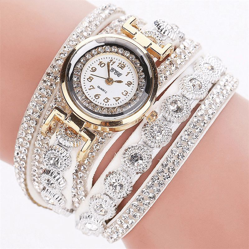 CCq Fashion Luxury Rhinestone Pu Leather Band Kvinner Quartz Armbånd Watch